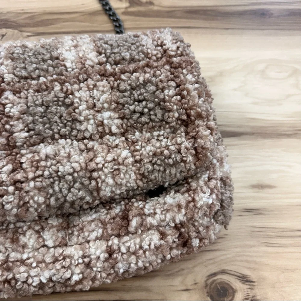 Zara Faux Fur Checkered Textured Brown Sherpa Women's Bag